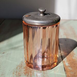 Vintage Pink Depression Glass Ribbed Jar with Metal Lid